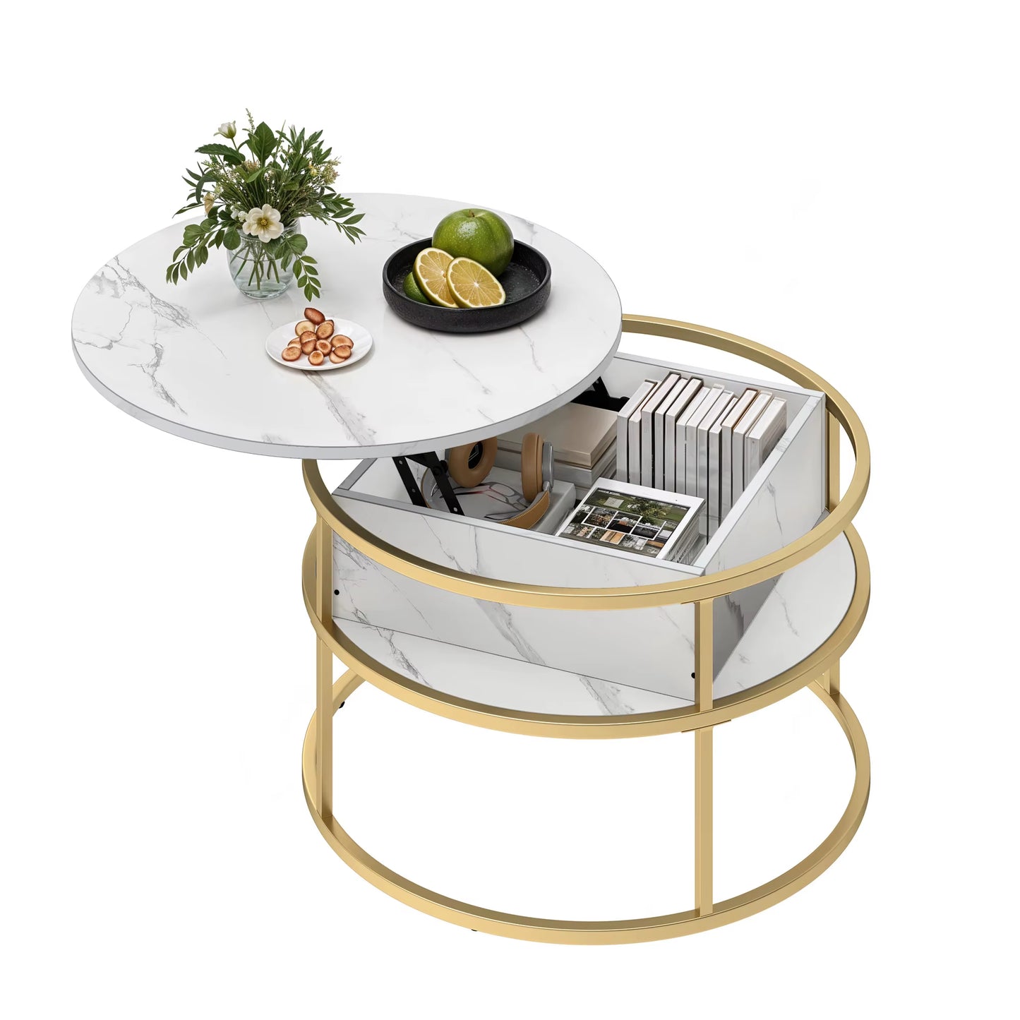Table basse ronde blanche et or relevable, rangement caché, bureau moderne