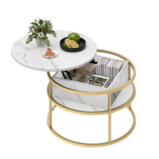 Table basse ronde blanche et or relevable, rangement caché, bureau moderne