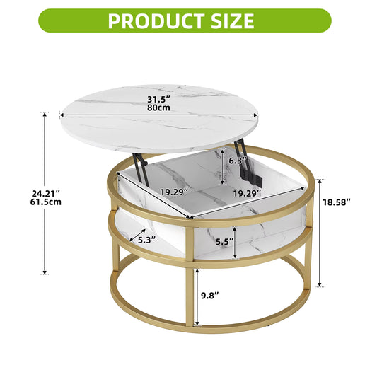 Table basse ronde blanche et or relevable, rangement caché, bureau moderne