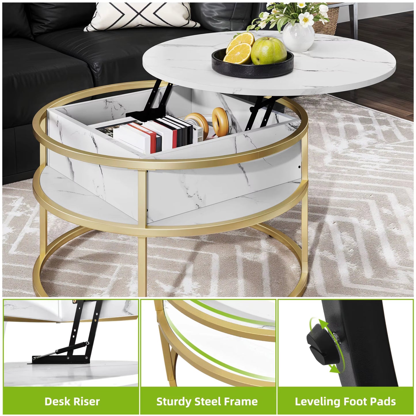 Table basse ronde blanche et or relevable, rangement caché, bureau moderne
