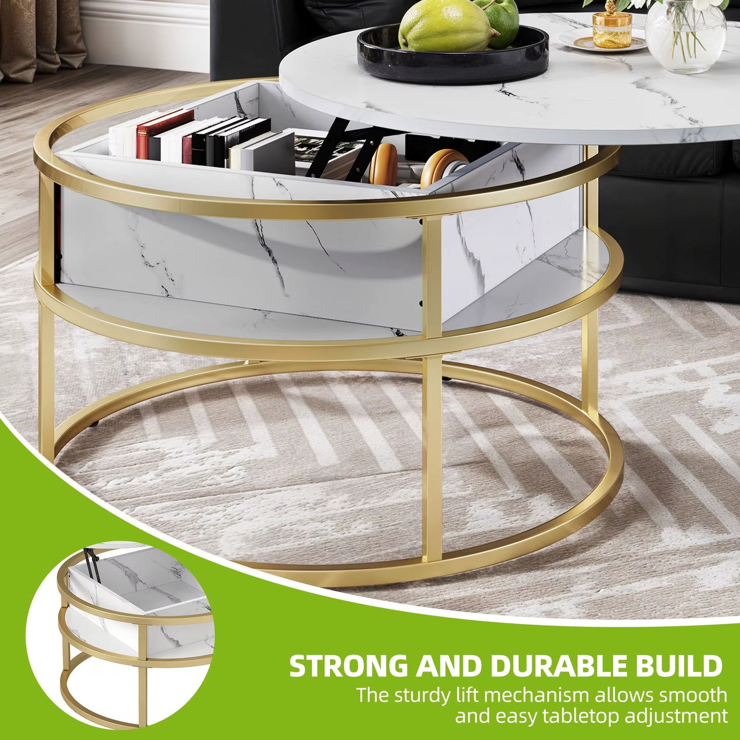 Table basse ronde blanche et or relevable, rangement caché, bureau moderne