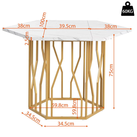 Table hexagonale moderne en marbre avec cadre métal doré, salle à manger