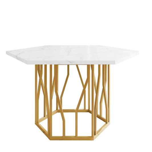 Table hexagonale moderne en marbre avec cadre métal doré, salle à manger
