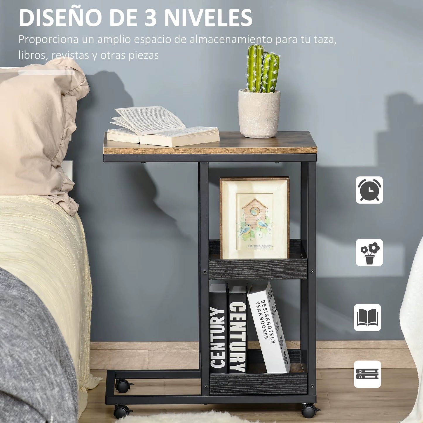 Table d'appoint marron foncé avec roulettes 51x33x66 cm, mobile et pratique