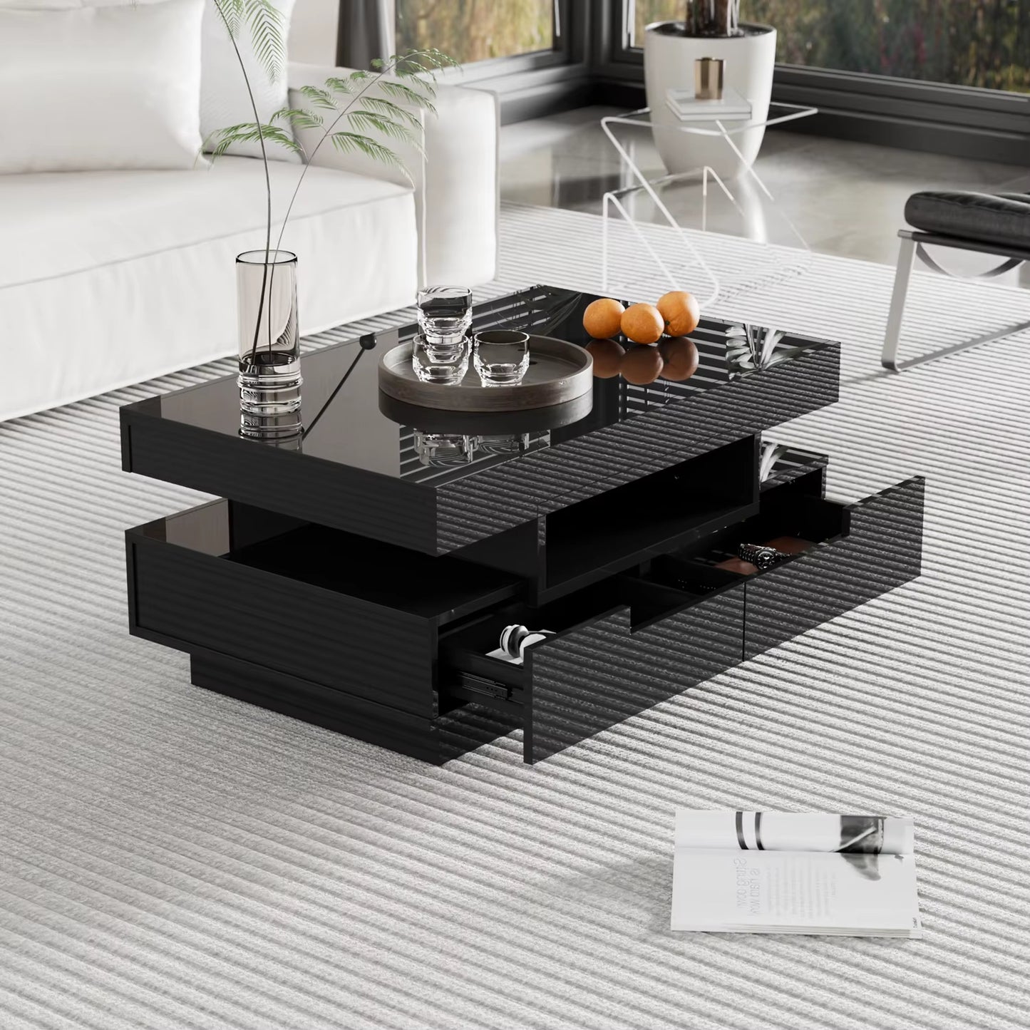 Table basse rectangulaire moderne laquée, rangement salon pratique