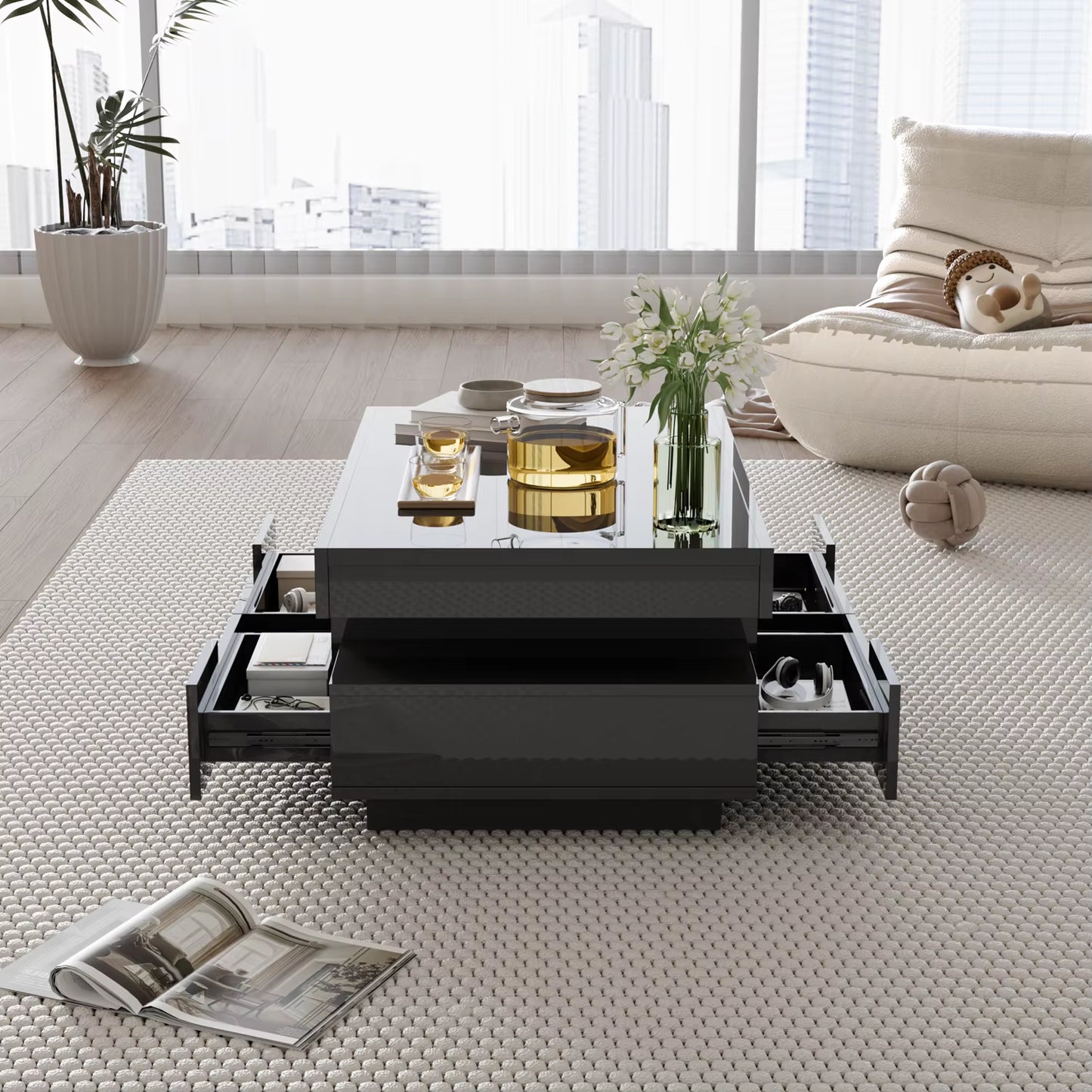Table basse rectangulaire moderne laquée, rangement salon pratique