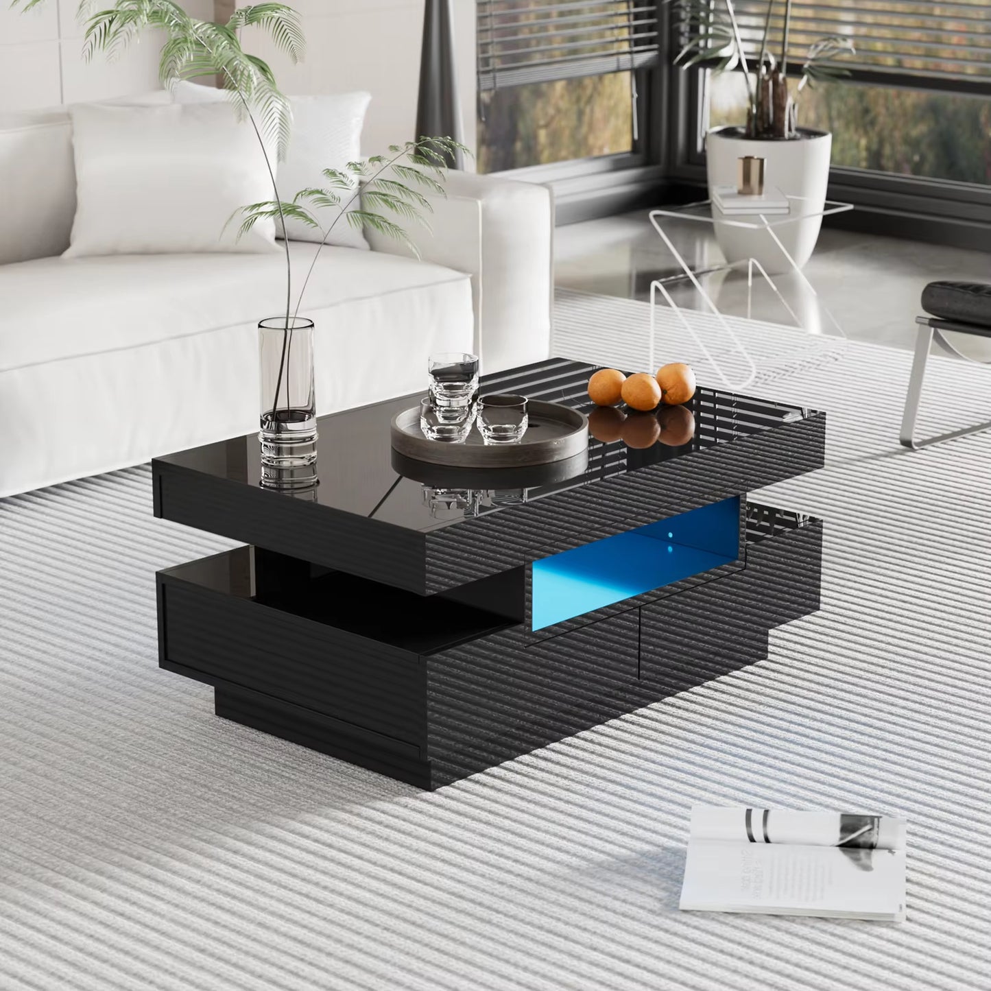 Table basse rectangulaire moderne laquée, rangement salon pratique