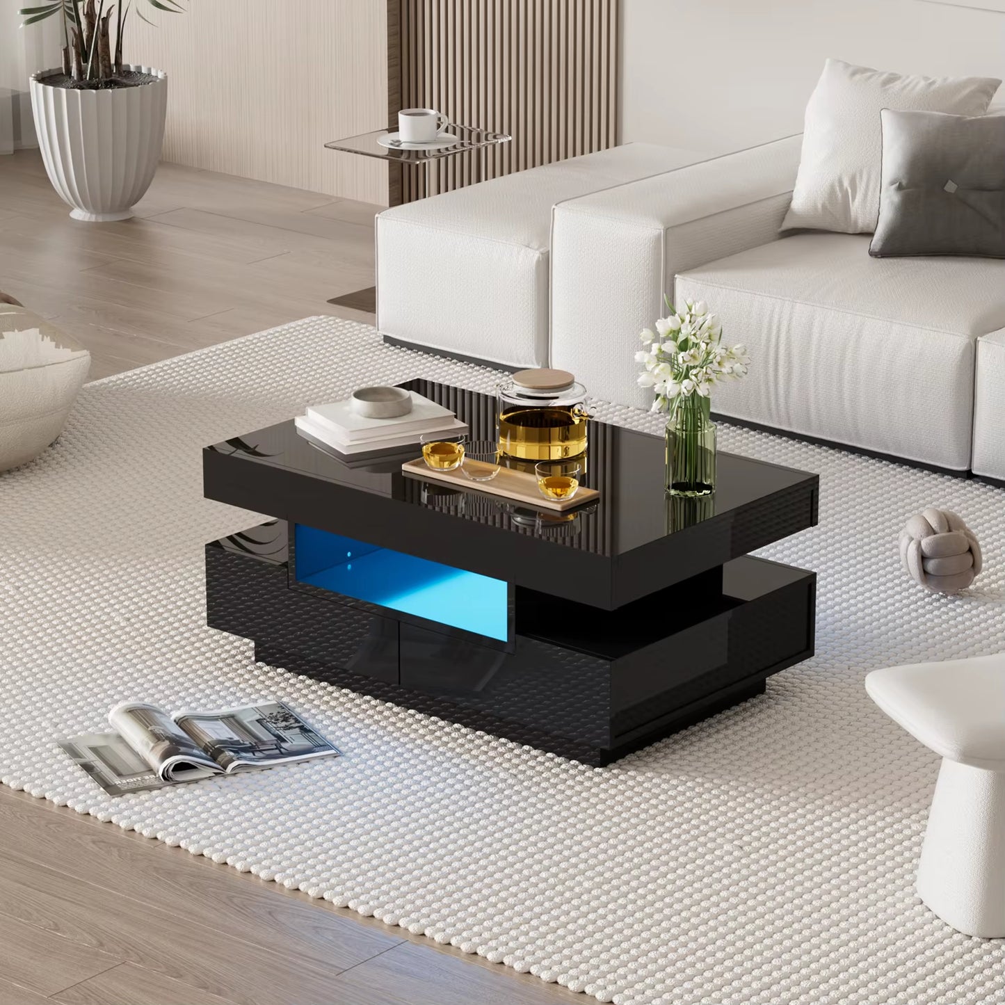 Table basse rectangulaire moderne laquée, rangement salon pratique