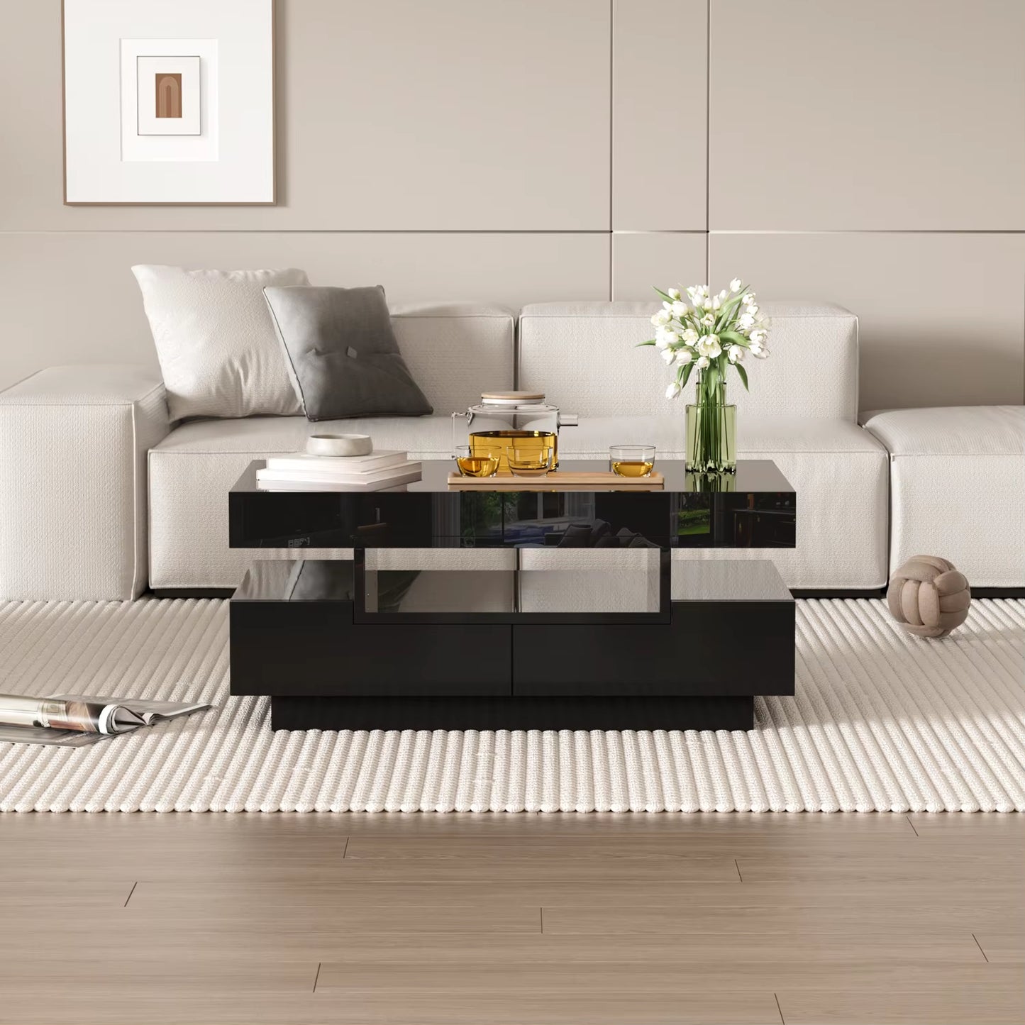 Table basse rectangulaire moderne laquée, rangement salon pratique