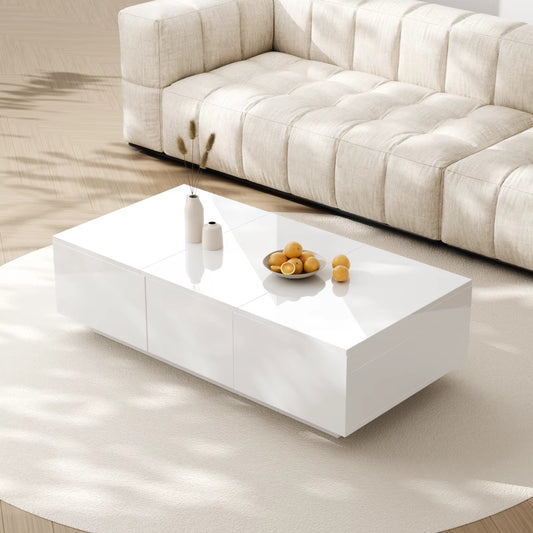 Table basse laquée brillante, rangement tiroirs coulissants double face